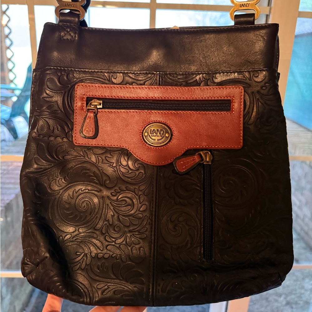LAND Embossed Genuine leather Black and Brown Crossbody Bag